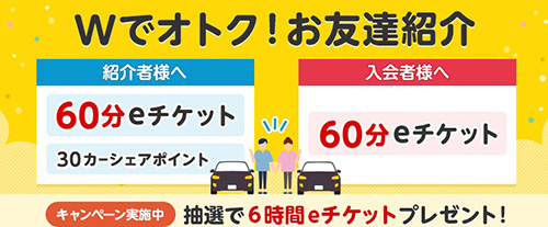 タイムズカーシェアの紹介コードで60分eチケットがもらえるキャンペーン【24/4/30まで】