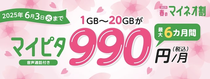 マイネオ｜マイピタが最大6ヶ月990円_月になるキャンペーン【25_6_3まで】